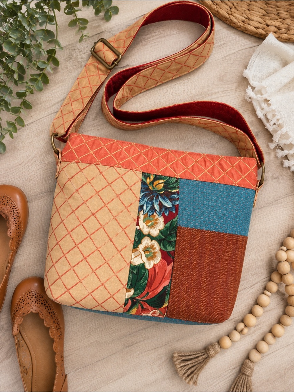 Handmade Patchwork Crossbody Bag Medium Size Boho Style